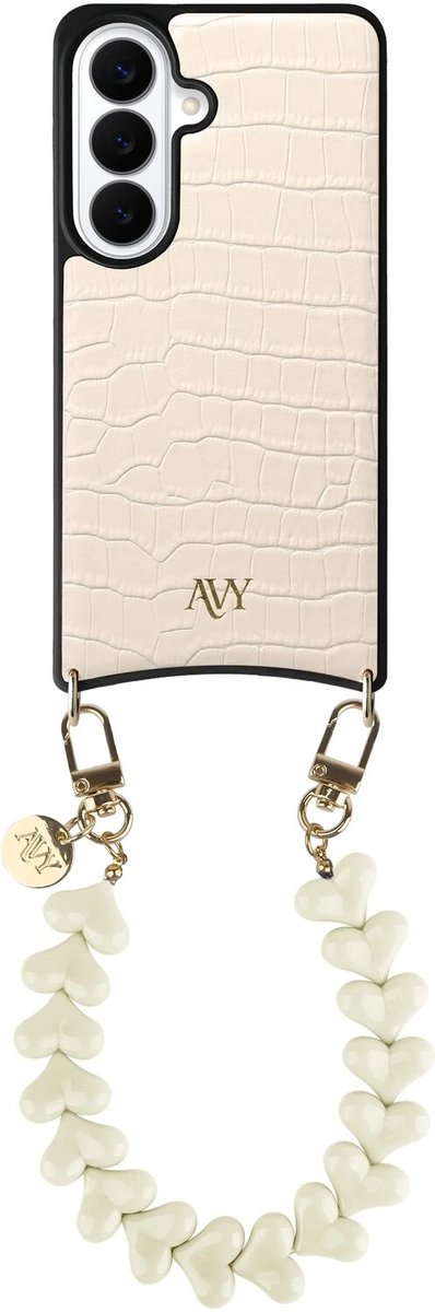 AVY Leren Hoesje Geschikt voor Samsung Galaxy S26 Plus | Compatibel met MagSafe | Leather Case met Telefoonkoord | Polsband | Croco Beige | Cupid Beige