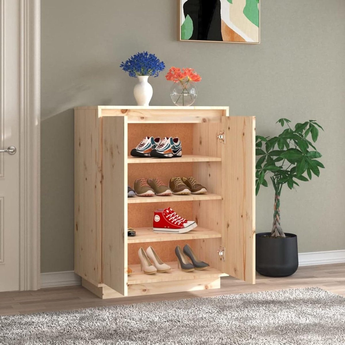 Schoenenkast Hout - Schoenenrek Kast - Schoenen Opbergen - Massief Grenenhout - 60x35x80 c