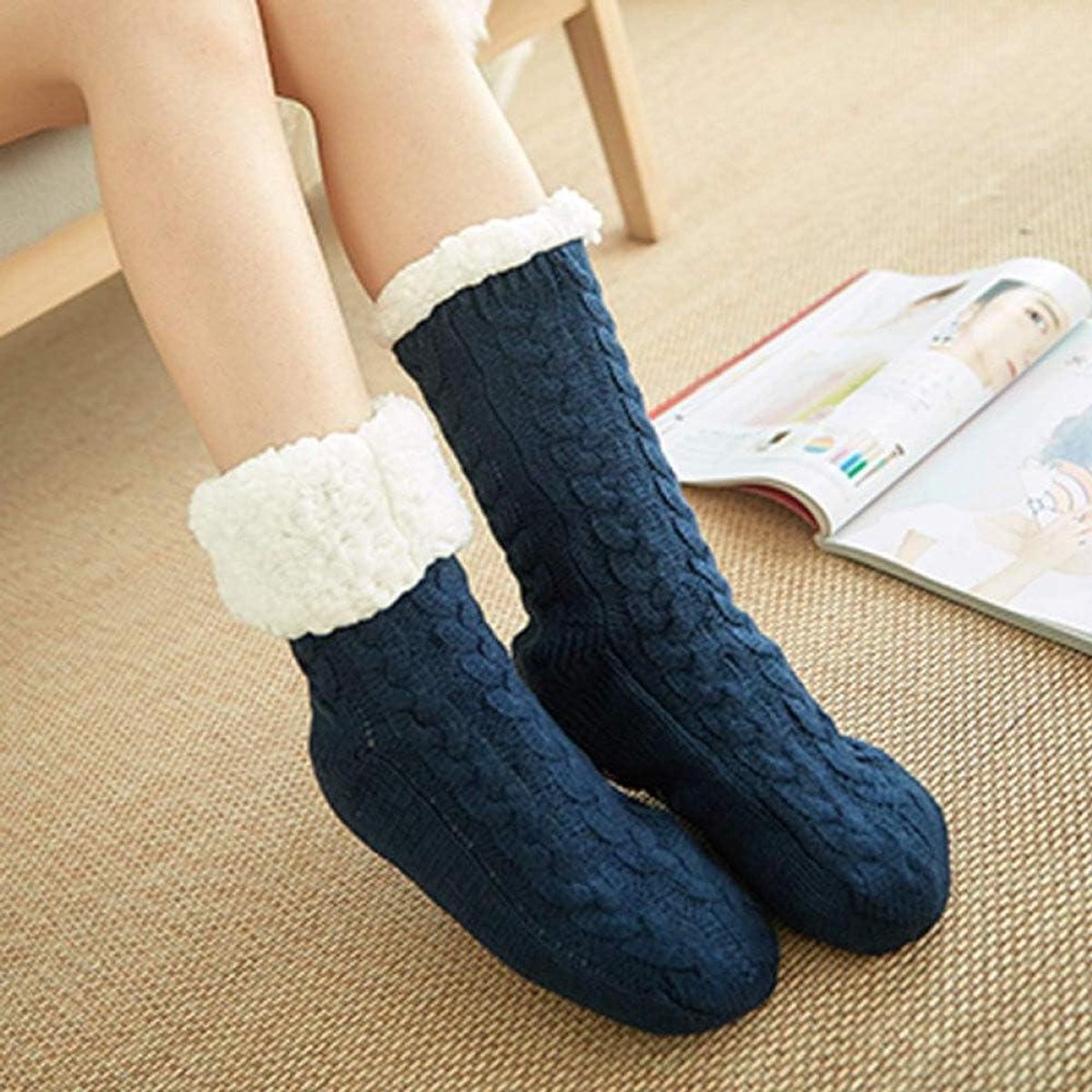 Dames Huissokken - Warme Sokken - Thuis Ontspannen - Antislip Zolen - One Size - Blauw