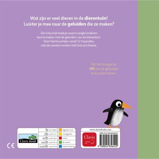Boek met tekst over dieren en geluiden in de dierentuin. Een pinguïn staat op de achterkant.