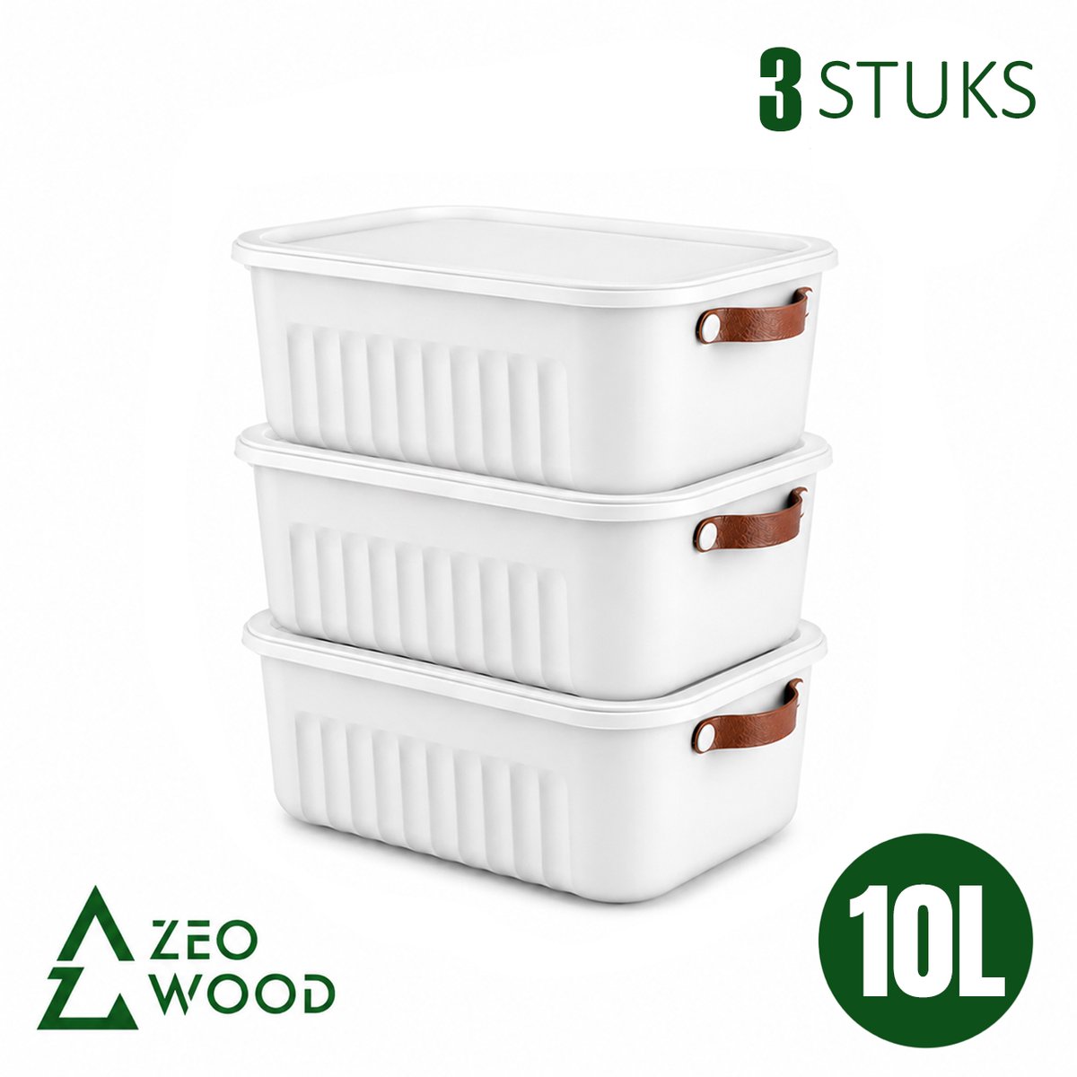 Zeo Wood® - Opbergbox 10L - Opbergdozen met Deksel - Opbergmand met Deksel - Set van 3 - Wit