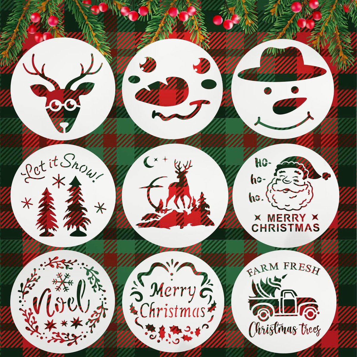 aladdien - Kerst Sjablonen - Creatief Schilderen - 9 Stuks - 30x30 cm - Herbruikbare Kerstsjablonen - Perfect voor Handwerk - Inclusief Sneeuwpop en..