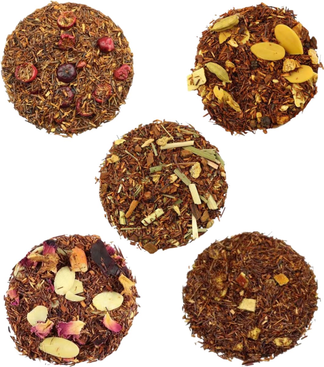 Proefpakket Rooibos Thee – 5 x 15g Losse Thee – Chai, Sinaasappel, Cranberry, Amandel & Gember