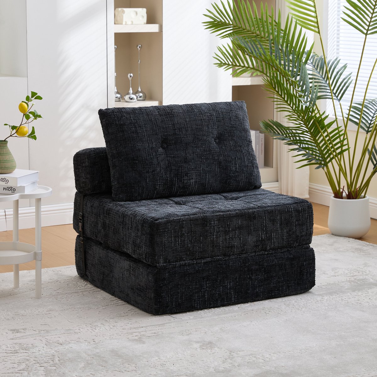 Wishdor Opvouwbare Slaapbank - Met Rugleuning En Hoofd- En Lendenkussens - Ruimtebesparend Ontwerp Voor Woonkamer Of Logeerkamer - Stoffen Bekleding - Zwart - 79 x 79 x 57 cm