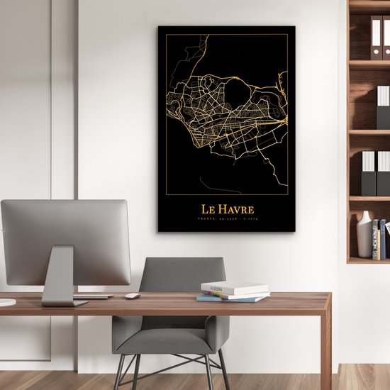 Aluminium schilderij 80x120 cm - Wanddecoratie metaal - Kaart - Le Havre - Zwart - Goud - Metalen muurdecoratie woonkamer - Decoratie industrieel - Foto op dibond - Industriële accessoires slaapkamer