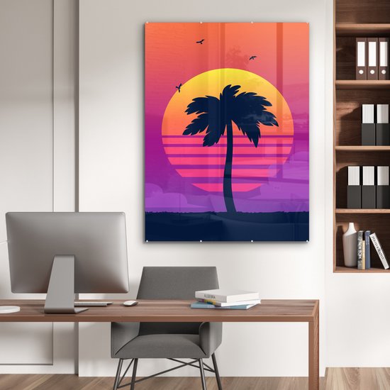 MuchoWow® Peinture sur verre 90x120 cm - Peinture sur verre acrylique - Palmier - Silhouette - Été - Photo sur verre - Peintures