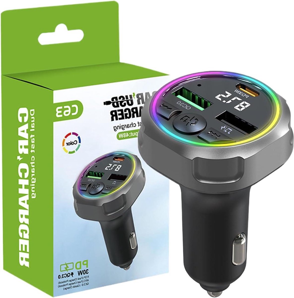 Auto FM Zender - Radio Adapter - Muziek Streamen - Dubbele Snellader - 30W PD QC3.0 - Zwart