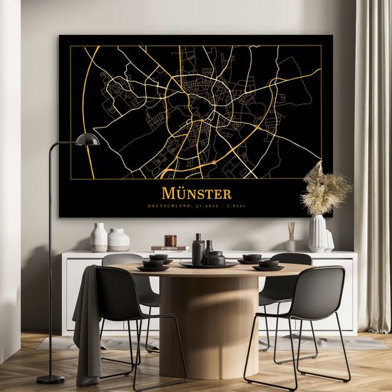 Aluminium schilderij 180x120 cm - Wanddecoratie metaal - Kaart - Münster - Duitsland - Goud - Zwart - Metalen muurdecoratie woonkamer - Decoratie industrieel - Foto op dibond - Industriële accessoires slaapkamer