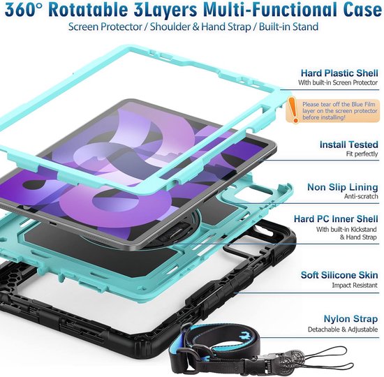 Timecity for ipad air case, iPad Air 4th/5th generation case 2020/2022, 10.9 inch heavy duty shockproof bumper case with screen protector, kickstand, wristband for kids 360° rotatable cover, L — afbeelding 5