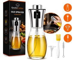 QualitéCuisine® Olie Sprayfles 200ml – Vernieuwde Versie – Olijfolie Sprayer / Olieverstuiver – Olie Dispenser Glas – Airfryer Accessoires – Voor BBQ, Pan & Salade – Incl. Bakkwast en Trechter