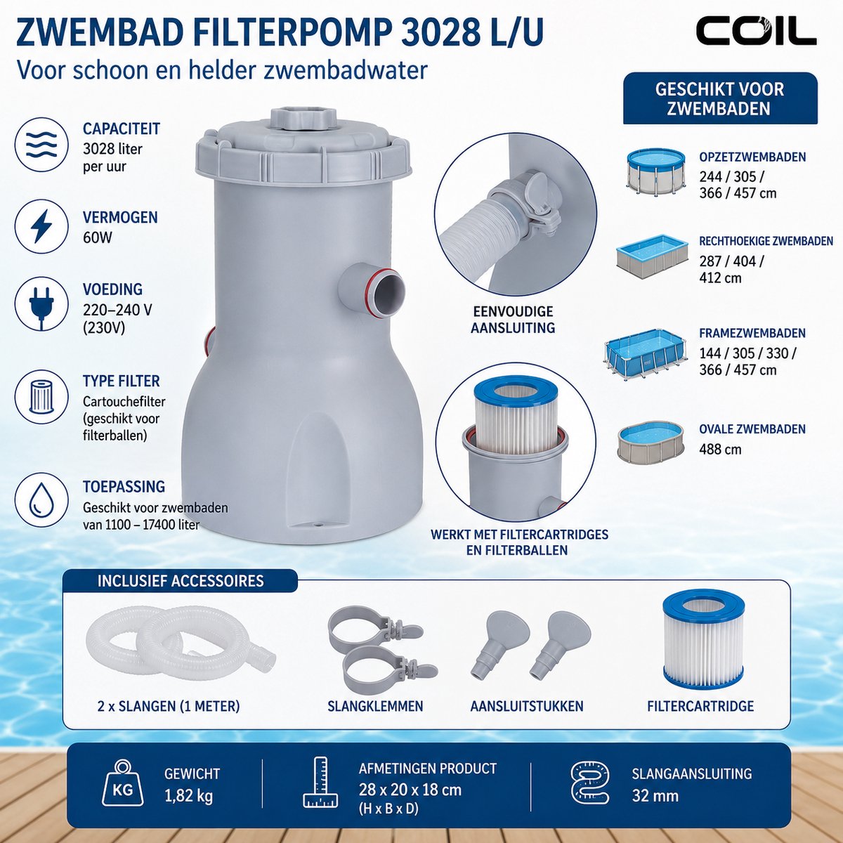 COIL Zwembad Filterpomp 3028 L/u – Cartridge Filterpomp met Slangen – Geschikt voor Opzetzwembaden – 60W – foto 6