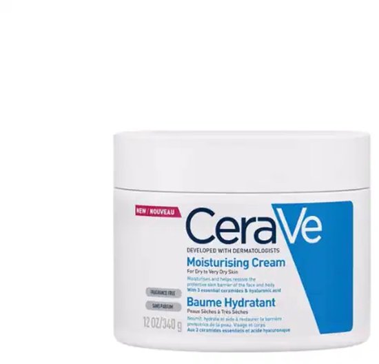 Witte pot CeraVe Moisturising Cream 340g, met blauw en wit label.