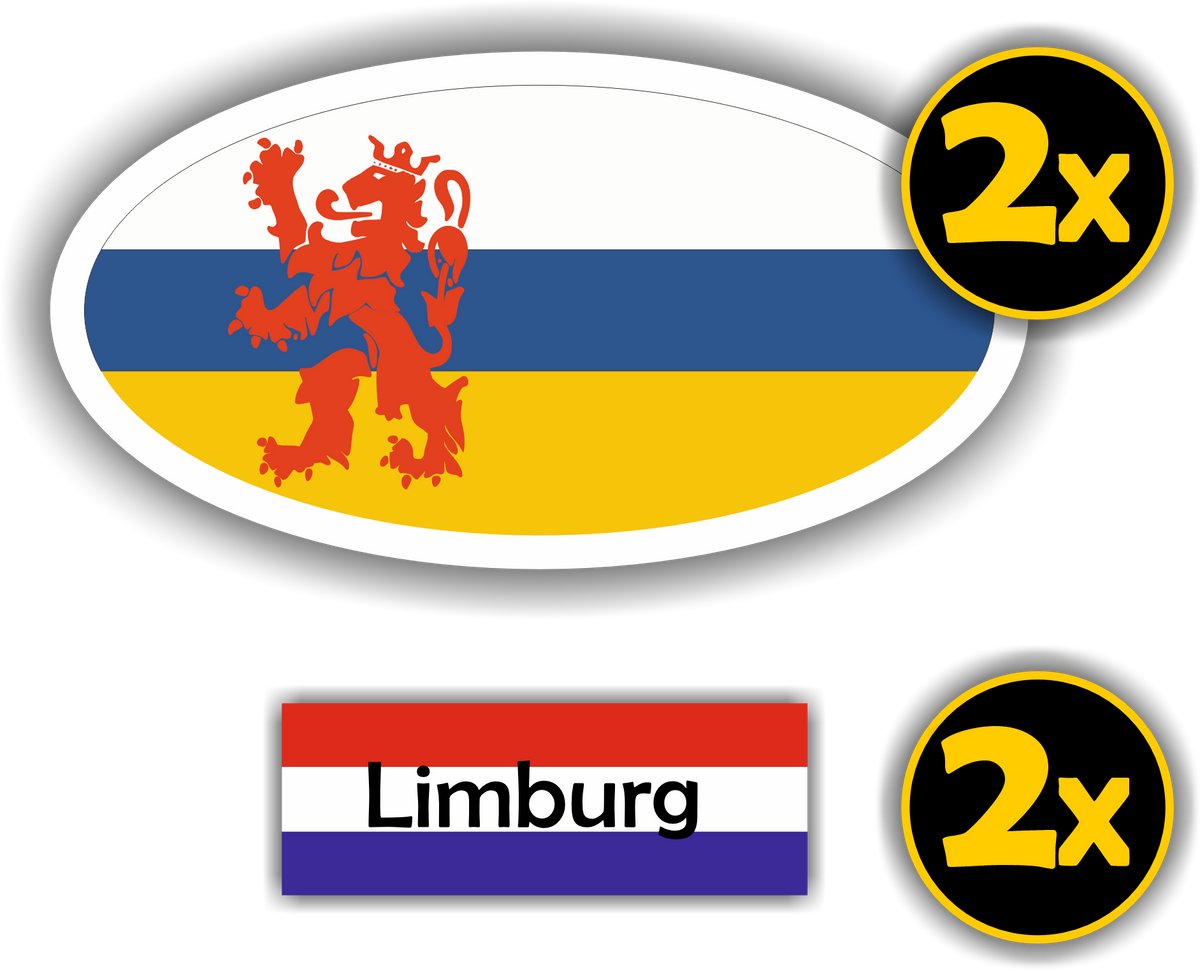 Jerma - Prov. Limburg vlag - Auto Sticker - 2x ovaal 13x7 cm - 2st 7x2.5 cm - Vinyl - zelfklevend