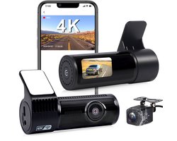 Dashcam voor en achter, 4K met wifi-autocamera met 64 GB SD-kaart, loopopname, G-sensor, app-bediening, super nachtzicht, 170 graden + 140 graden groothoek, veiligere supercondensator