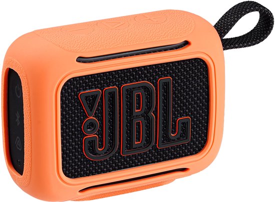 Oranje JBL Go 5 Bluetooth speakerhoes van siliconen met zwarte speakergrill en oranje JBL-logo.