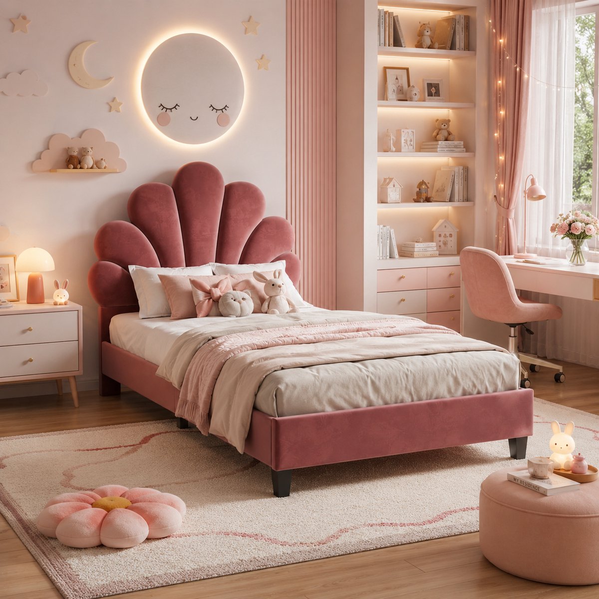 Eenpersoonsbed, 90 x 200 cm, met bekleding, hoofdbord met bloemenprint en lattenbodem, stevig frame, kinderbed, tienerbed, zacht fluwelen bed, meisjesbed, bordeauxrood