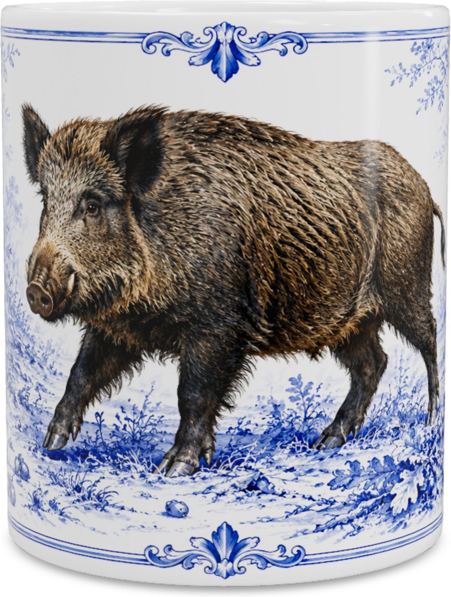 Mok Wild Zwijn (Sus scrofa) - Delfts Blauw Design - Cadeau voor Natuurliefhebber