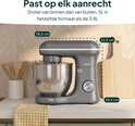 Grijze 5L keukenmixer met afmetingen 36,5 cm x 22,5 cm x 29,3 cm.