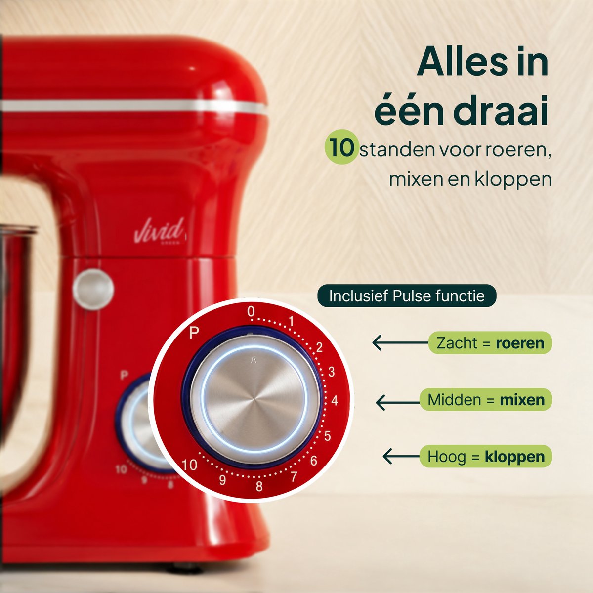 Vivid Green 1500W Keukenmixer - 5L Mengkom - Rood thumbnail 2
