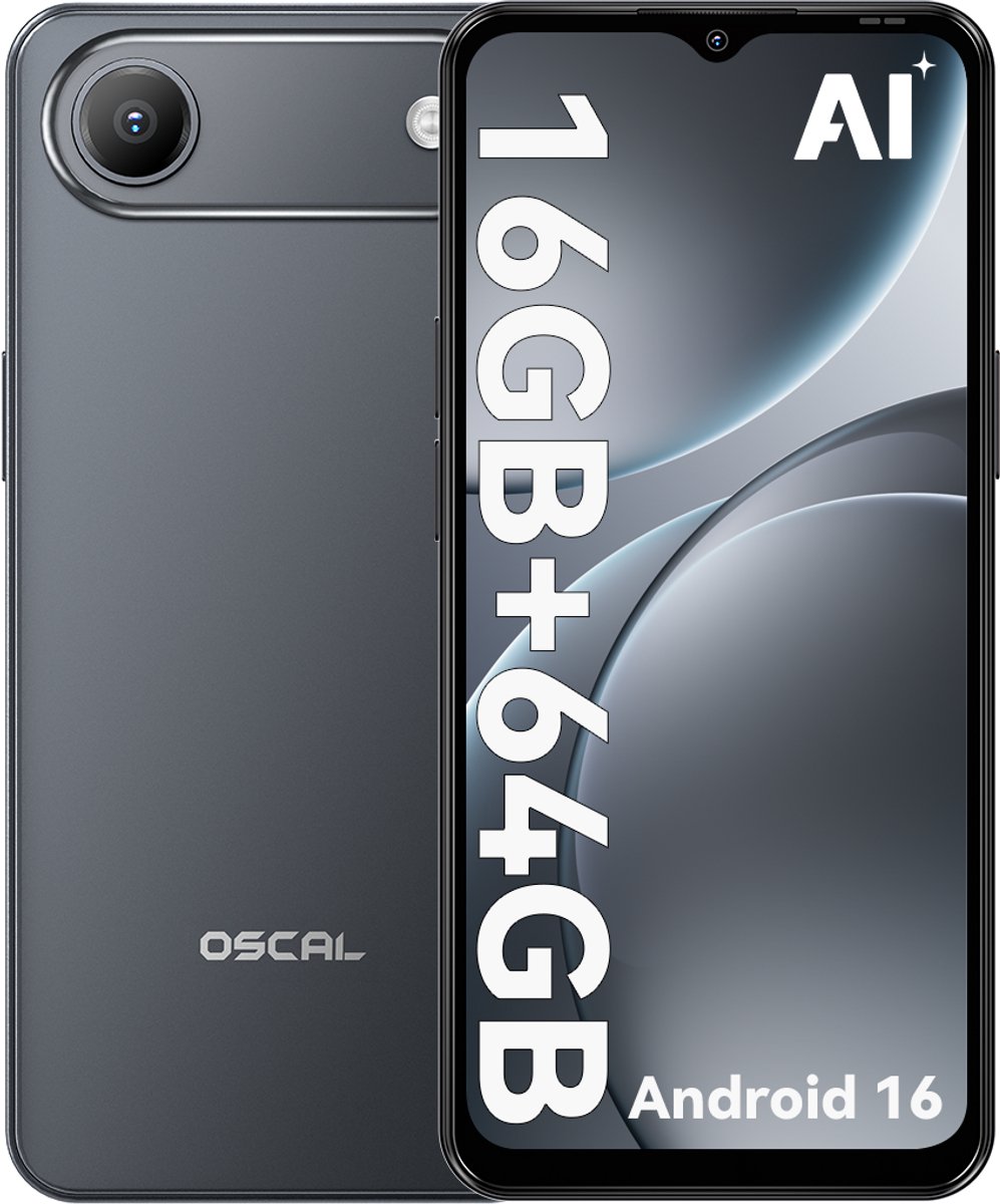 OSCAL FLAT 3C Smartphone-Doke AI 2.0-5000mAh 336Uren-6,56" 180Hz-13MP Camera-16GRAM-64GB 1TB-Draagbare, lichte smartphone-Android 16-Dual SIM Kaart-Middernacht zwart
