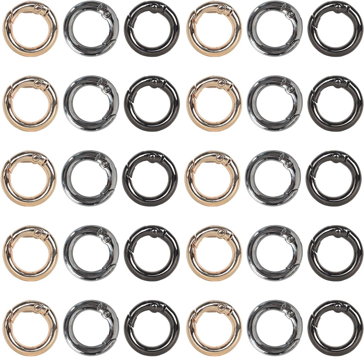 Set van 30 Ronde Karabijnhaken met Veerontgrendeling - Ideaal voor Tassen, Koffers en Creatieve Projecten in Zilver, Goud en Zwart