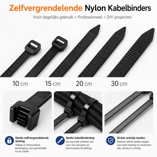 Close-up van zwarte kabelbinders van 10cm, 15cm, 20cm en 30cm met zelfvergrendelende sluiting.