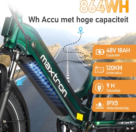 Maxtron Camel Elektrische Fiets–864Wh Accu–20×4.0 Inch Fatbike Banden–Actieradius tot 120 km–Geüpgrade Hydraulische Schijfremmen met Motoronderbreking–Verende Voorvork met Lock-out (Dubbele Modus) –Shimano 7 Versnellingen–Elektrische Stadsfiets–Groen — afbeelding 4