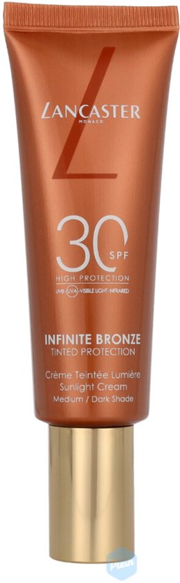Lancaster Infinite Bronze getinte zonnebrandcrème met SPF30 in een koperkleurige tube met gouden dop.