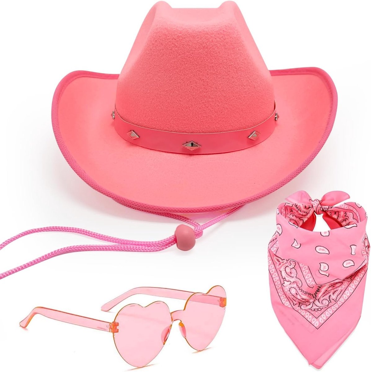 Cowboyhoed Set met Zonnebril en Sjaal voor Vrouwen, Unisex Kostuumaccessoire in Roze, Perfect voor Feestjes en Thema-avonden