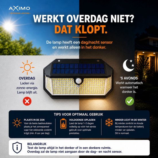 AXIMO solar buitenlamp met 266 LED's die overdag oplaadt en 's avonds automatisch aangaat. Tips voor optimaal gebruik bij zon en in de winter.