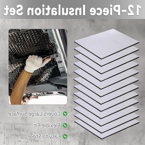 Set van 12 Zelfklevende Isolatiematten 25 x 18 cm voor Geluids- en Warmte-isolatie, Aluminium Folie en Schuim, Aanpasbaar voor Deuren, Motorkap en Kofferbak van Merkloos — afbeelding 4
