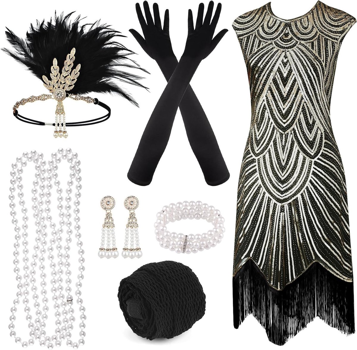 1920s Flapper Jurk met Pailletten en Franje, Gatsby Accessoires Set voor Roaring 20s Kostuums met Hoofdband, Ketting en Handschoenen voor Dames