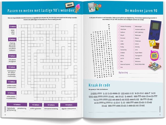 Pagina uit "Het Super Coole Jaren 90 DoeBoek" met "Puzzel en raad met 90's woorden" en "De moderne jaren 90".