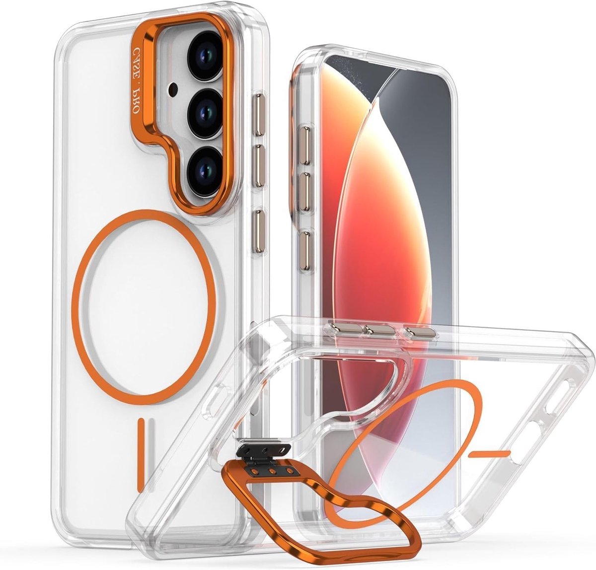 Beschermhoes voor Galaxy S26 Ultra met standaard, MagSafe-compatibel, stootvast, krasbestendig en geïntegreerde camerahouder in transparant oranje