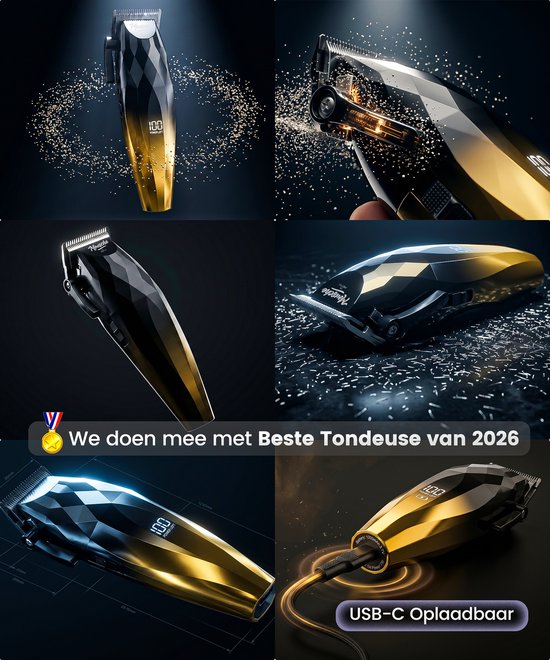 Zwarte en gouden tondeuse met diamantmotief, met gouden gloed en vonken. USB-C oplaadbaar.
