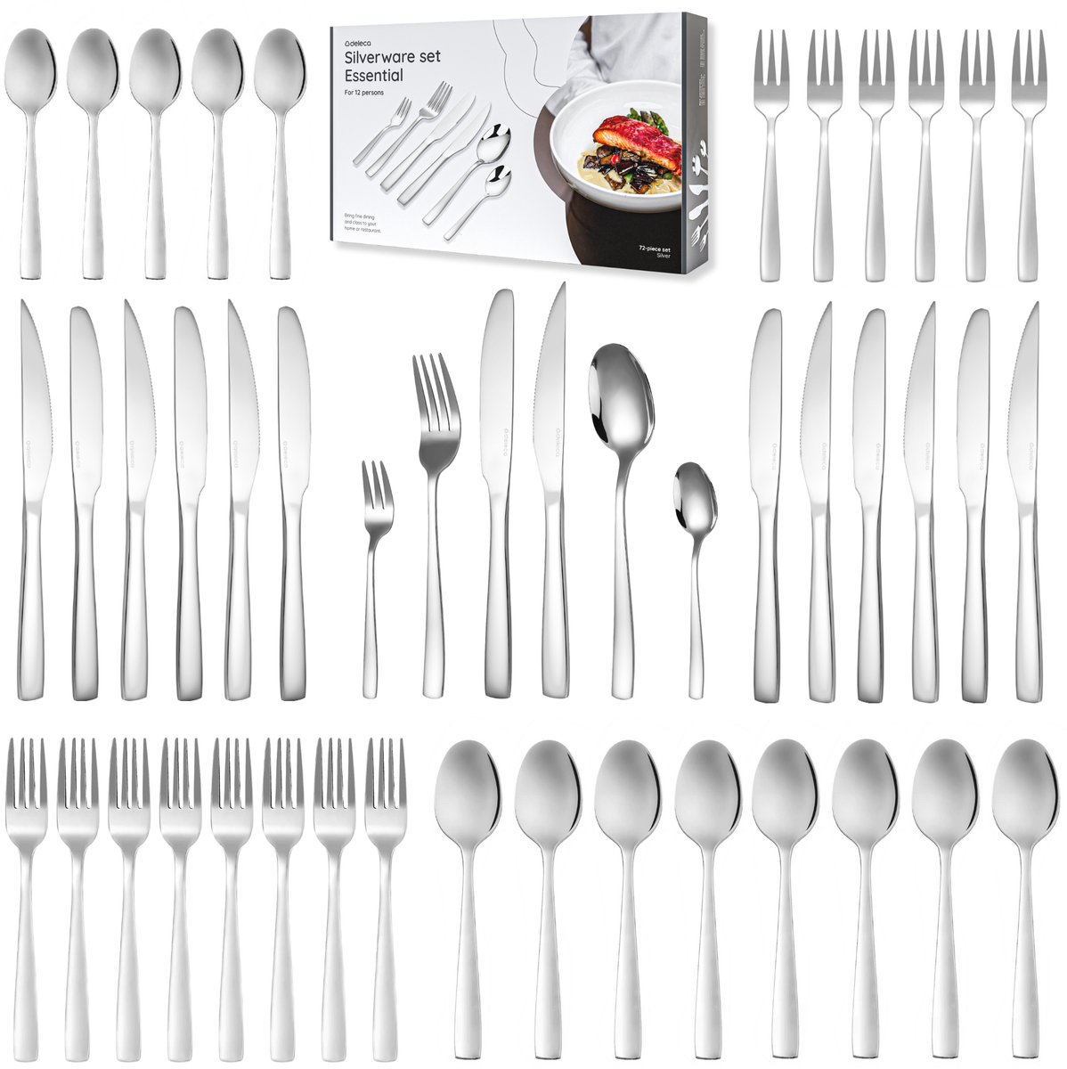 Bol.com Deleca 12 Persoons Bestekset Essential (72-delig) - Lepels, Messen, Vorken, Steakmessen & Gebaksvorkjes - Vaatwasserbest... aanbieding