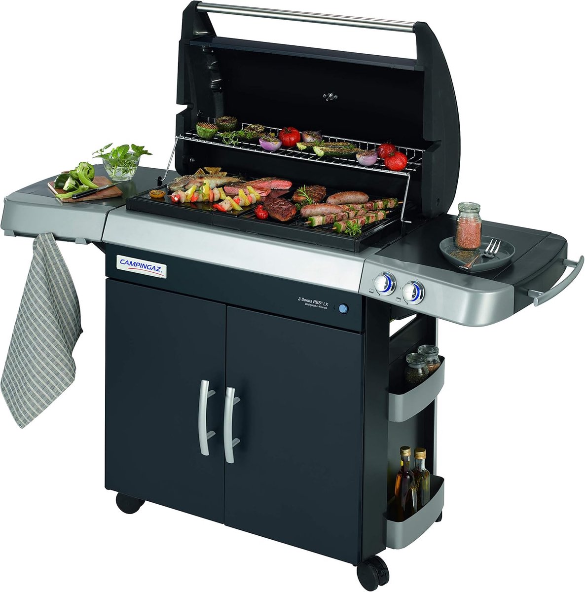 Gasbarbecue 171 x 66 x 150 cm – 3 Branders BBQ Grillwagen met Keramische Infraroodbranders, Groot Gietijzeren Grilloppervlak, Dekselthermometer, Zijtafels & InstaClean Systeem – HomebyNicole