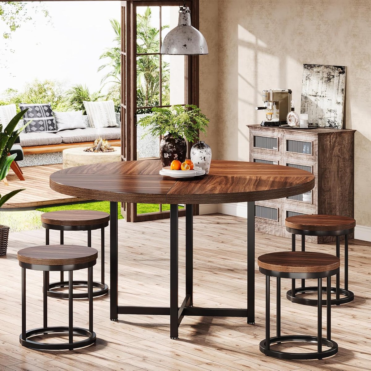 Eettafel Rond 120 x 120 x 75 cm Industrieel Design – Keukentafel met Metalen Frame en Houtlook Blad – Compacte Ronde Tafel voor 4-6 Personen – Woonkamer & Keuken – Dader
