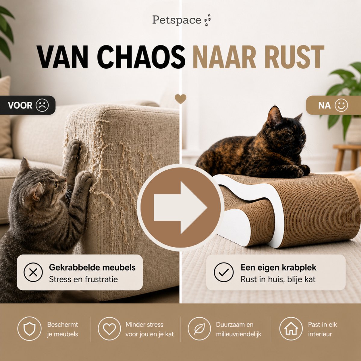 Petspace® - Krabkarton voor Katten - Krabpaal - Krabplank - 2 in 1 Krabplaat - Krabmeubel Karton - Krabmat - Kattenmand - Kattenbed - Wit – foto 4