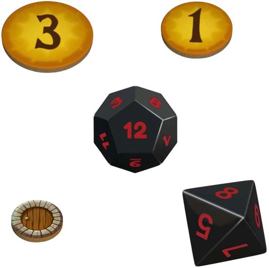Goudkleurige fiches met nummers 1 en 3, een zwarte 12-zijdige dobbelsteen, een kleine houten deur en een zwarte 8-zijdige dobbelsteen met rode cijfers.