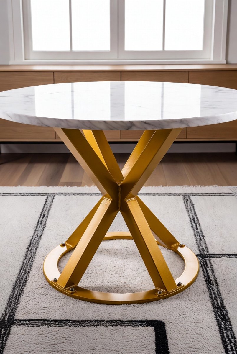 Ronde Eettafel 80 cm – Moderne Keukentafel voor 4 Personen met Marmerlook MDF Tafelblad en