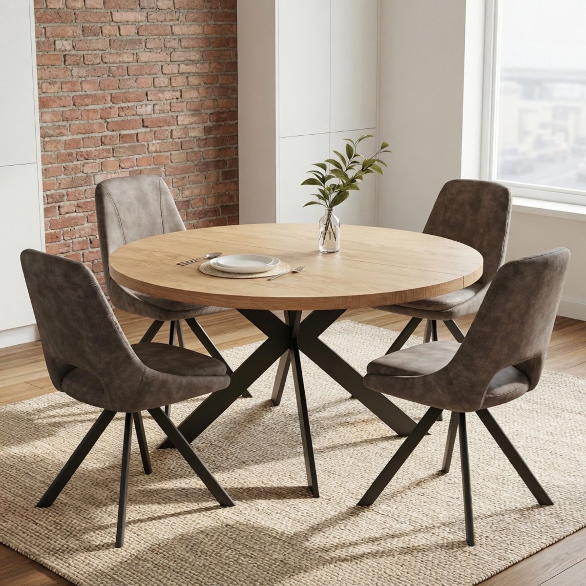 Ronde Eettafel Set 115 cm met 4 Stoelen (4-6 Persoons) – Eiken Look Tafelblad met Zwarte Spiderpoten | Hittebestendig, Krasbestendig & Onderhoudsvriendelijk – Ganeey
