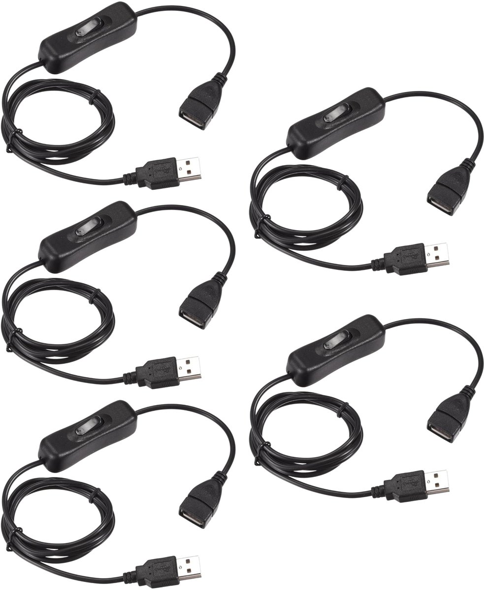 aladdien - USB-verlengkabel - 5 stuks - met aan-/uitschakelaar - zwart - 1 meter - geschikt voor bureaulampen en ventilatoren - ideaal voor ledstrips