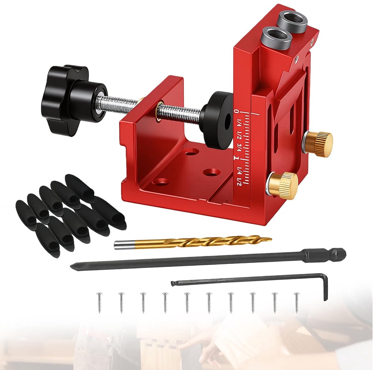 Pocket Hole Jig Set - Verstelbare Boorsjabloon voor Houtbewerking - 9 mm Boor en Schuine Boorhulp - Rood
