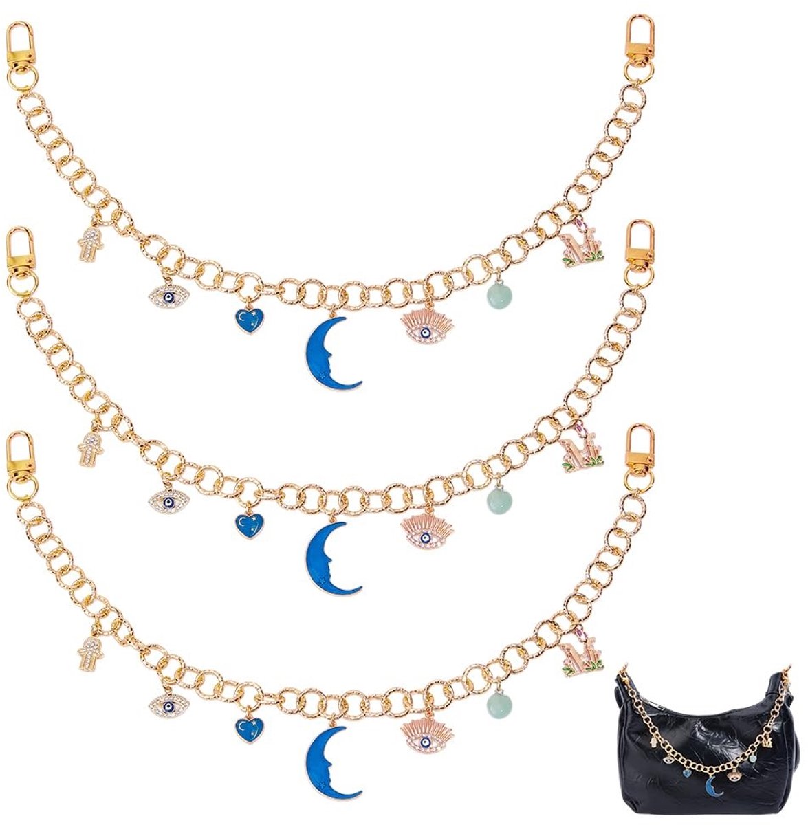ONF3 - Handtas ketting - Maan en boze oog - Decoratieve charme - 41,5 cm - Sleutelhanger - Voor vrouwen - Handtas decoratie