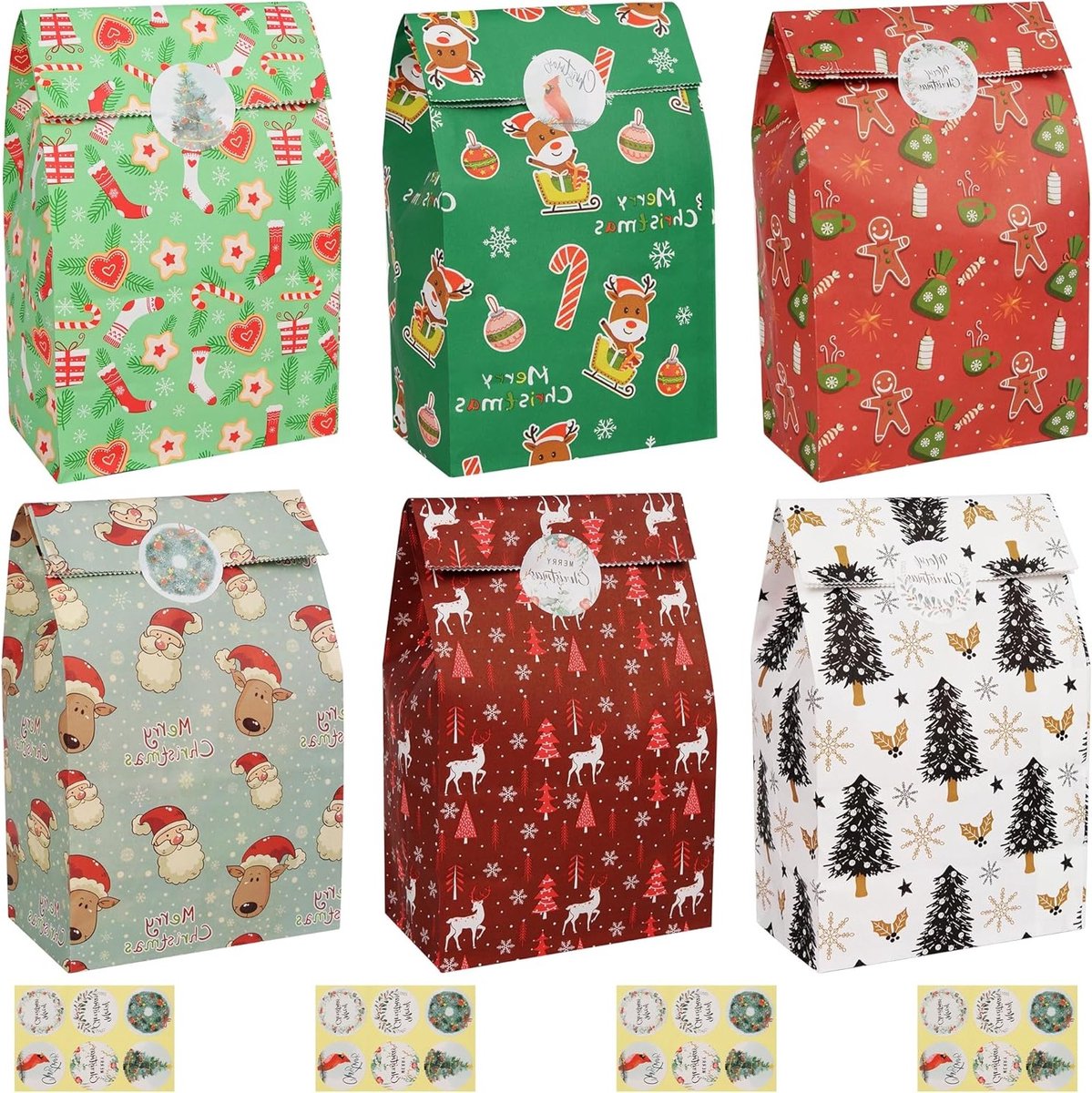 24-Delige Kerstcadeauzakken, Papieren Feestzakken voor Kinderen met 6 Verschillende Kerstthema's en 24 Stickers voor een Feestelijke Sfeer