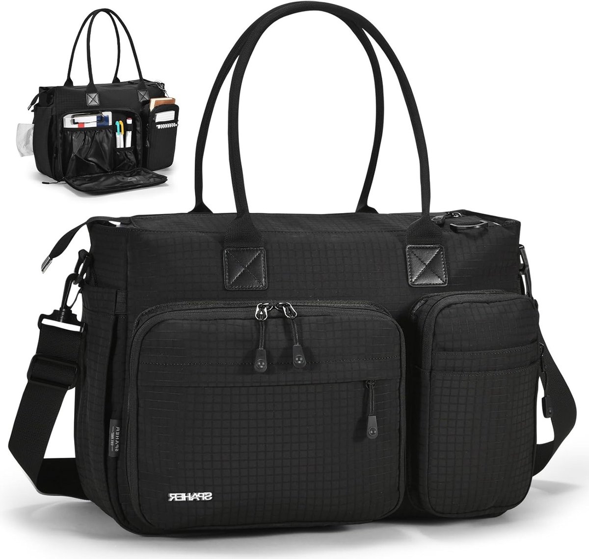 Leren laptoptas voor school en werk, 15.6 inch, ideaal als weekend- en reistas, handtas voor fitness en cabinebagage