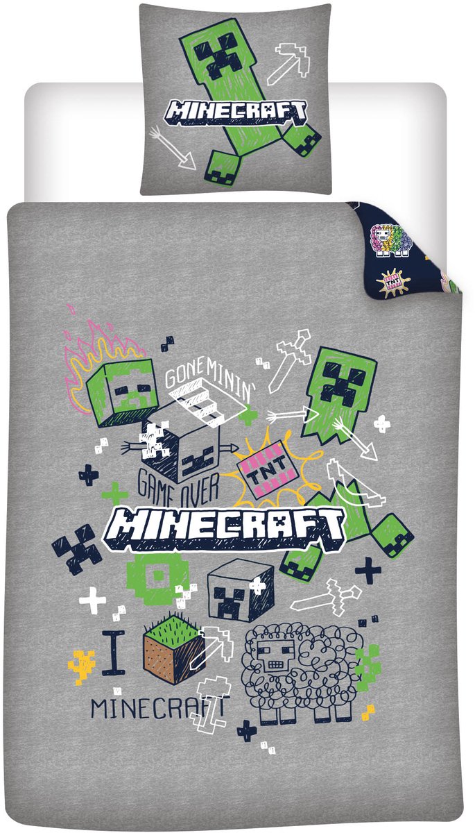 Kinderbeddengoed Minecraft Doodle 140x200 cm + Sloop 63x63 cm 100% Polyester Omkeerbaar | Creeper Gone Minin'