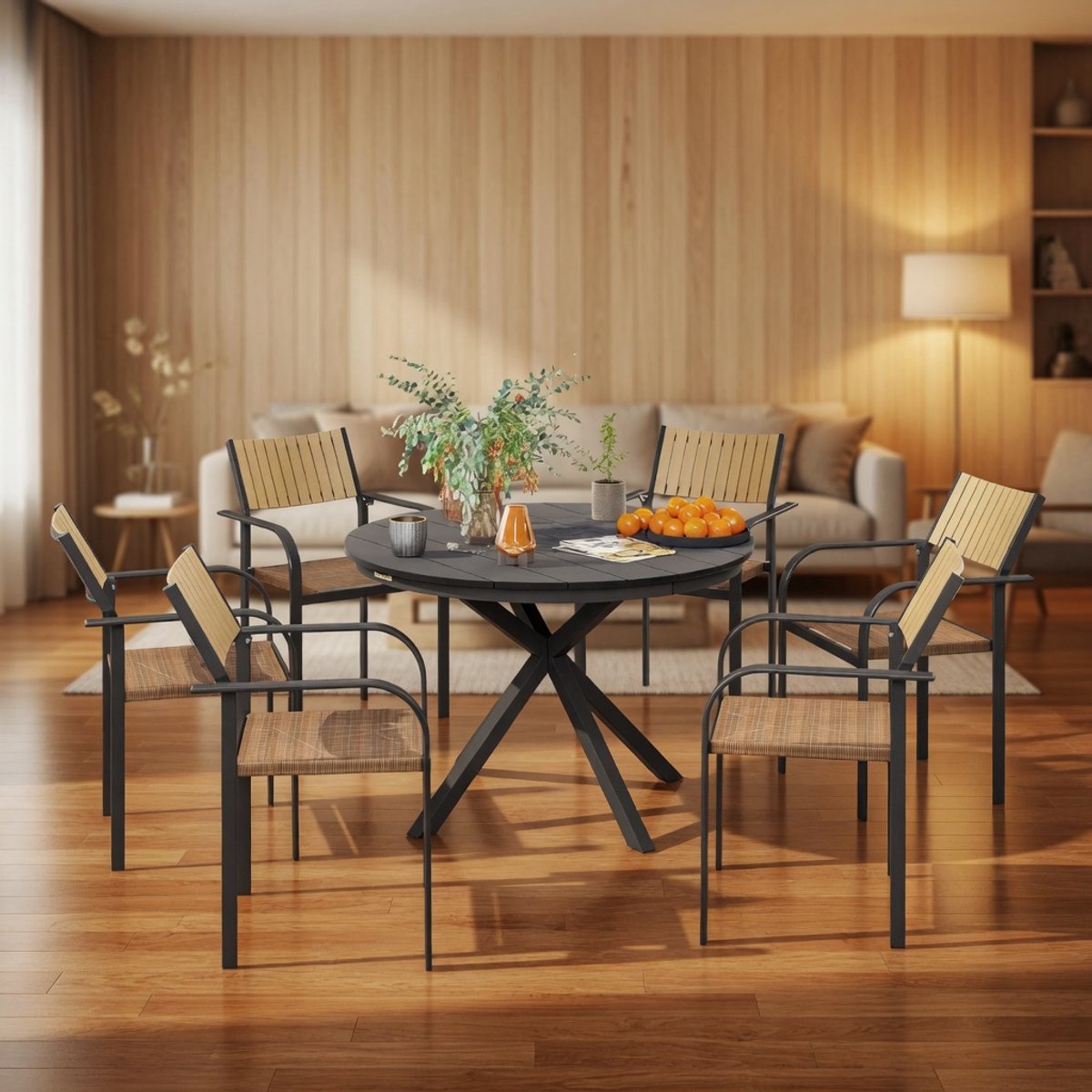 Ronde Tuintafel 118 cm Zwart Aluminium - Weerbestendige Terrastafel met Lattenontwerp - Eettafel Buiten met Gekruiste Poten - Balkontafel WPC Houtcomposiet - Camping & Tuin - Ganeey
