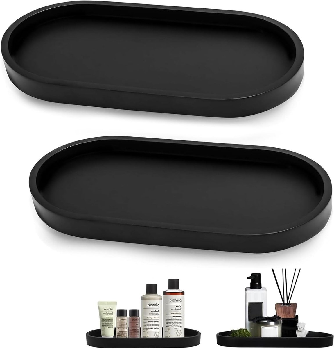 Set van 2 Zwarte Badkamerplankjes voor Decoratie - Ovalen Silicone Tray voor Badkamer, Keuken en Woonkamer